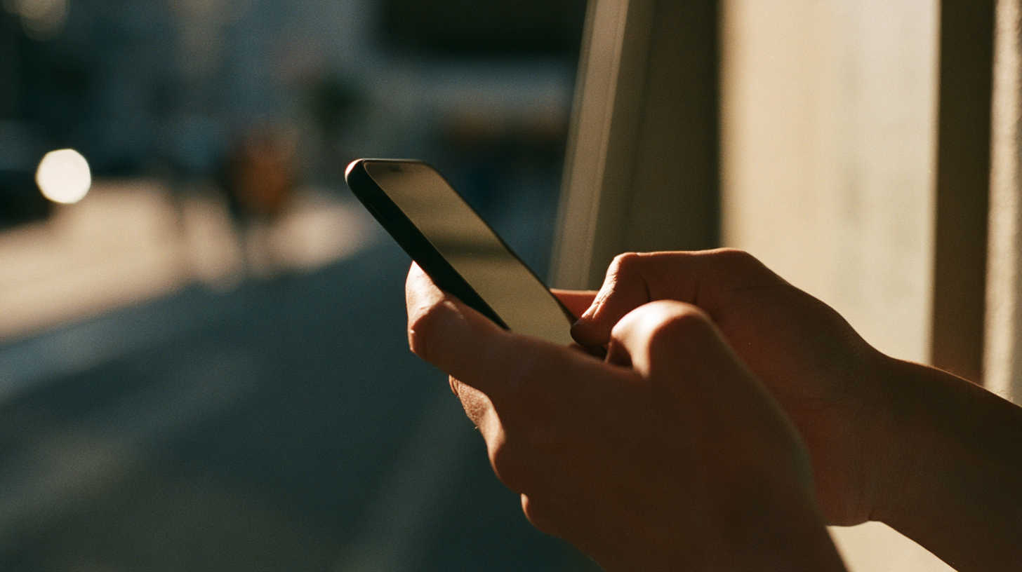 A person using their phone in daylight on a city pavement.