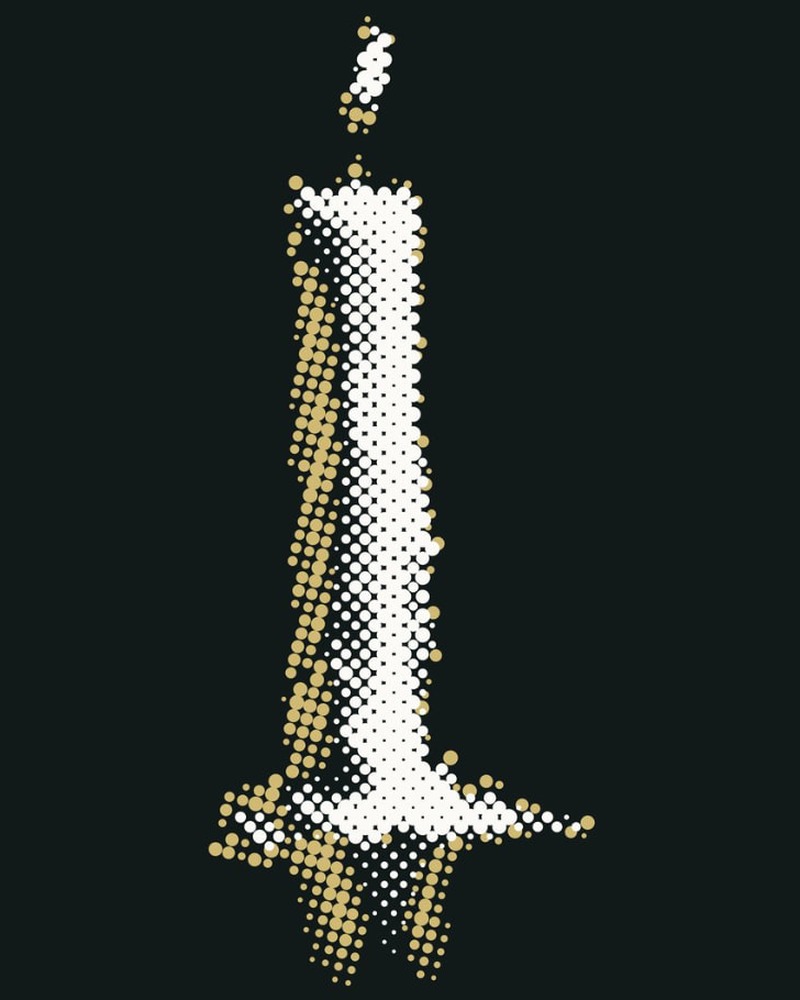 Illustration from the What is time poster series: a halftone lit candle on a dark background.